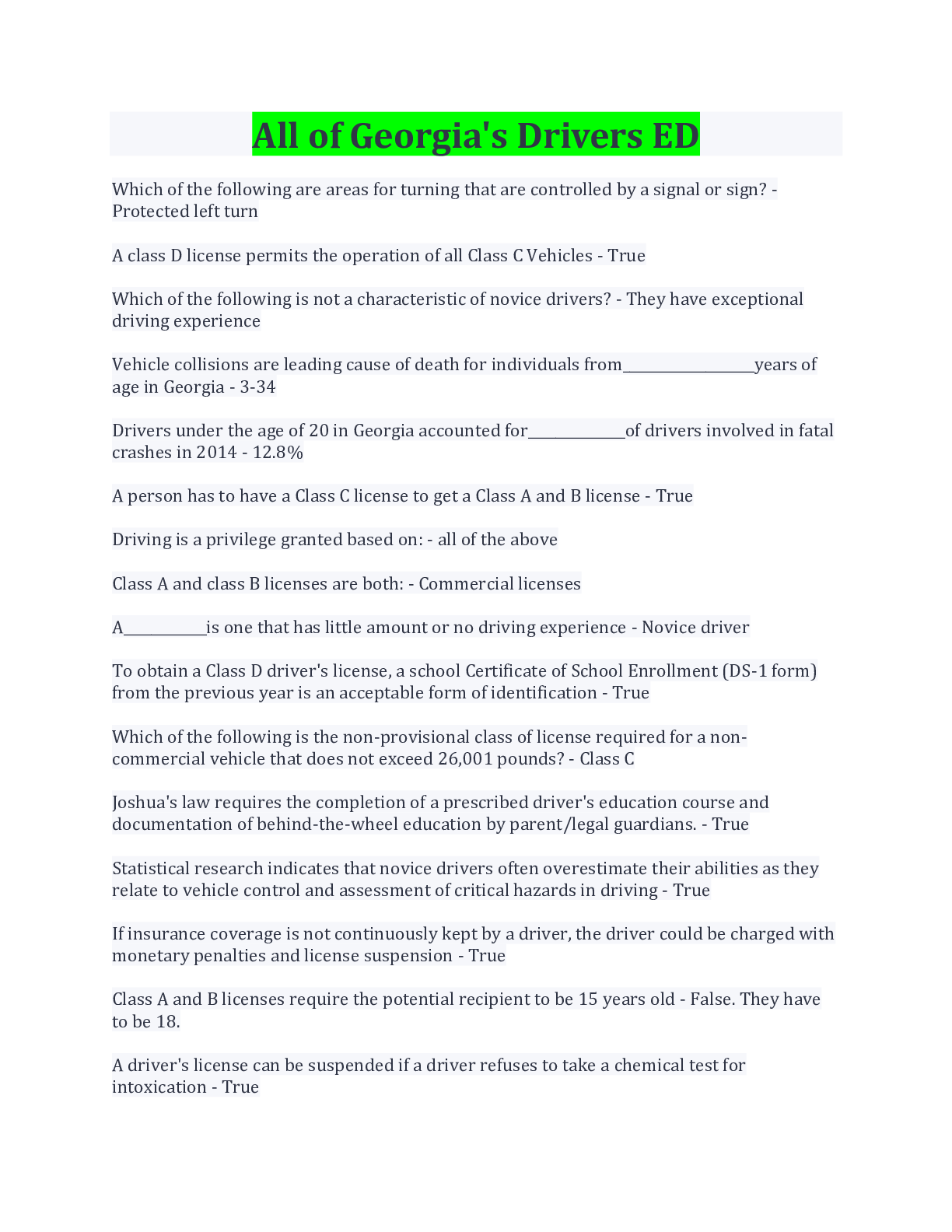 Preview image for All of Georgia's Drivers ED Questions And Answers